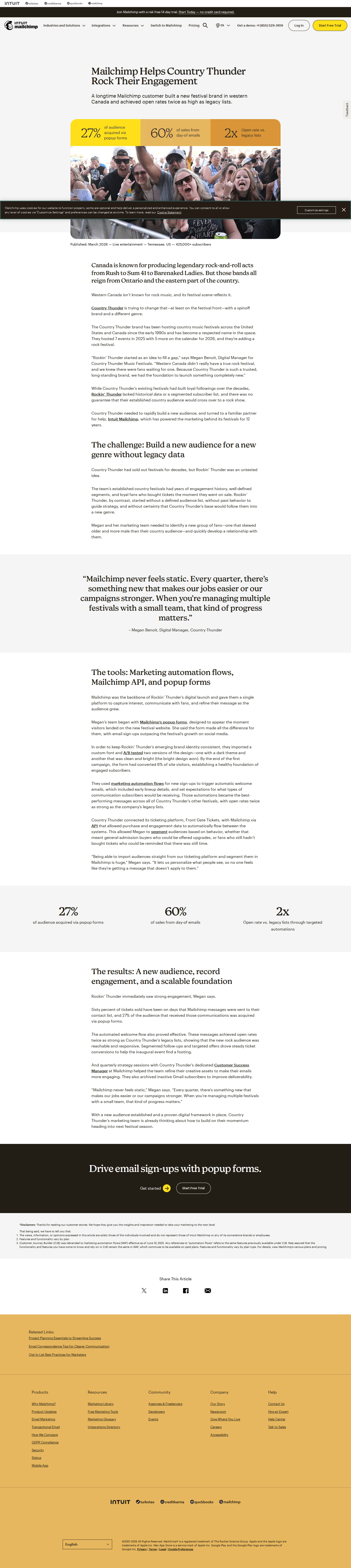 Screenshot of Mailchimp x Country Thunder, Building a new festival audience from zero