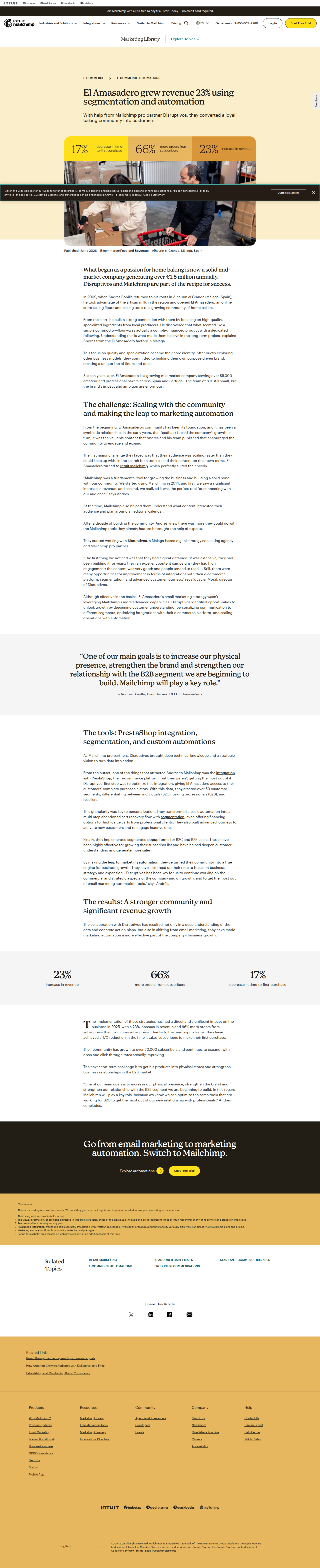 Full screenshot of Mailchimp x El Amasadero, 23% revenue lift from segmentation and automation