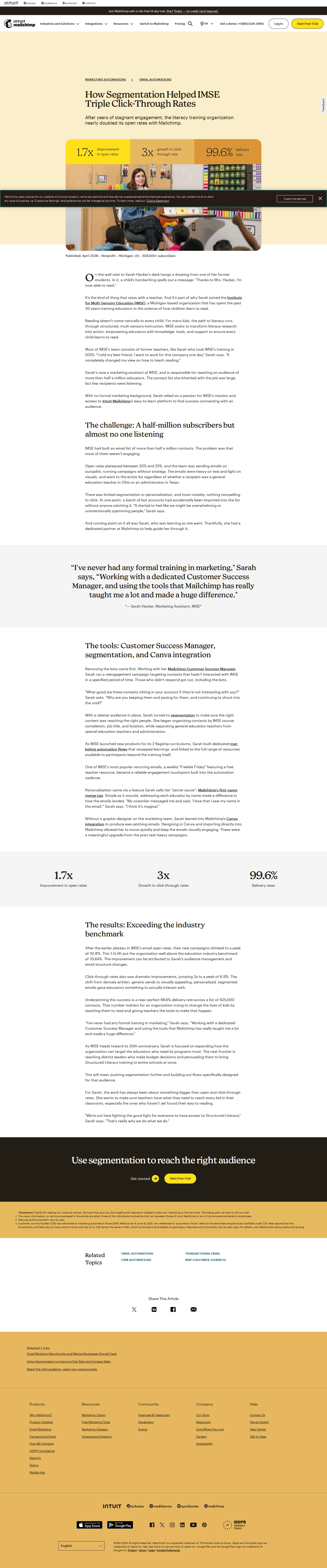 Full screenshot of Mailchimp x IMSE, tripling click-through rates with segmentation