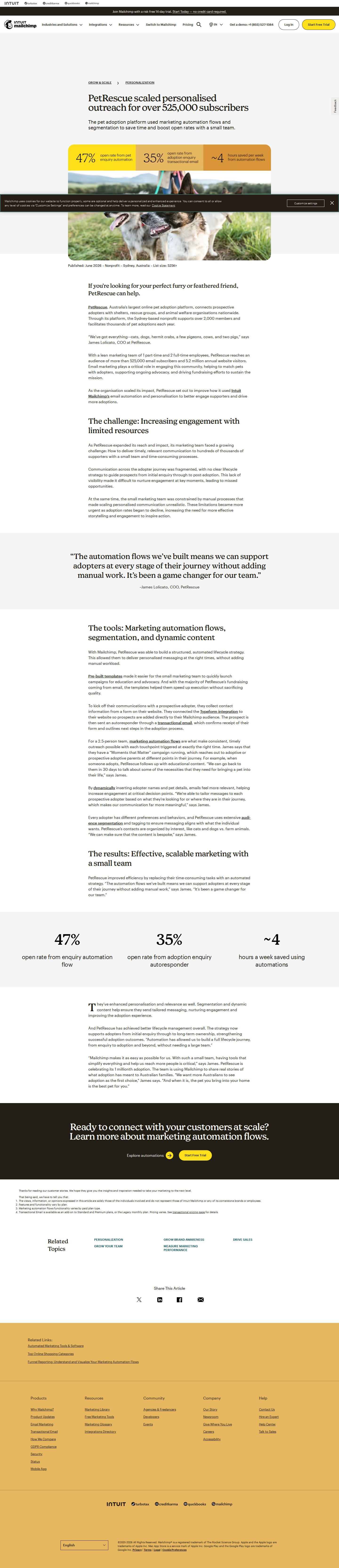 Full screenshot of Mailchimp x PetRescue: 2.5-person team scales to 525K subscribers