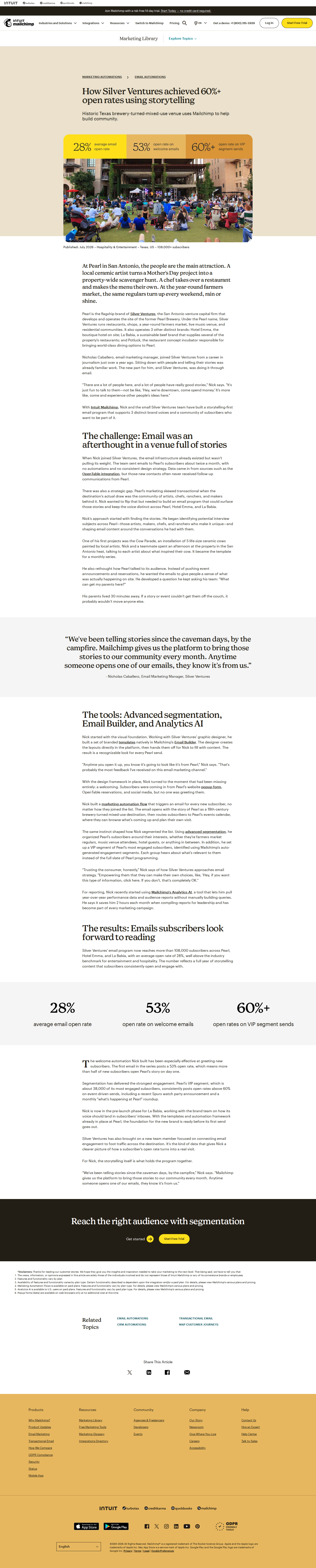 Full screenshot of Mailchimp x Silver Ventures, storytelling lifts open rates above 60%