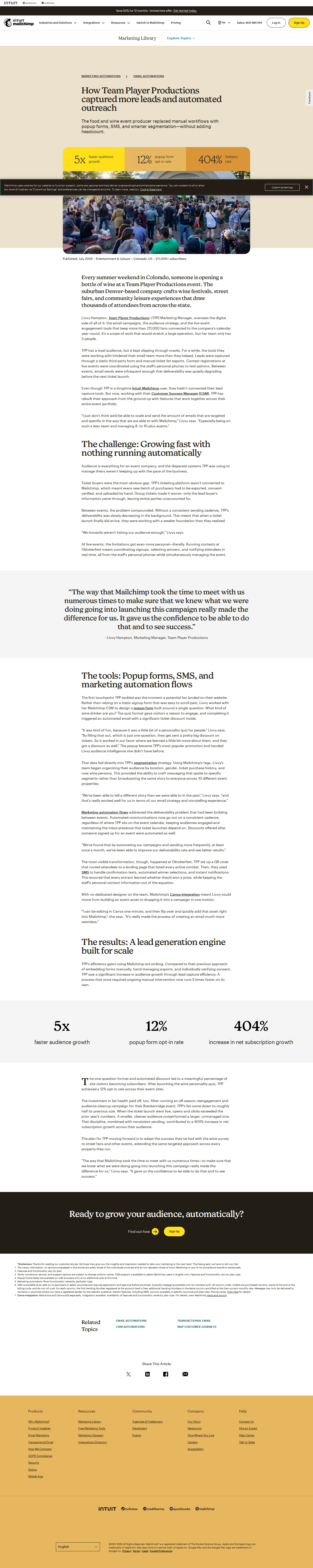 Full screenshot of Mailchimp x Team Player Productions, 5x faster audience growth with a team of three