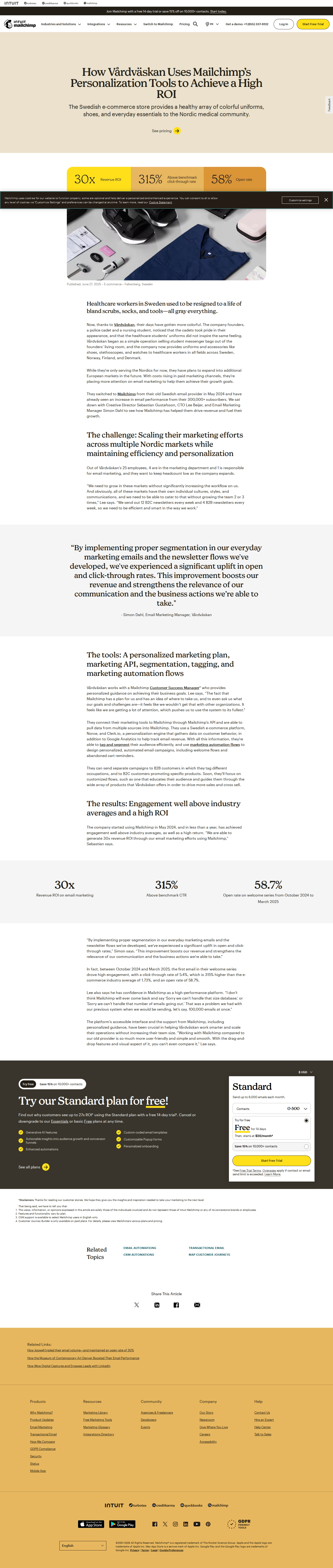 Screenshot of Mailchimp x Vårdväskan, 30x email ROI across four Nordic markets