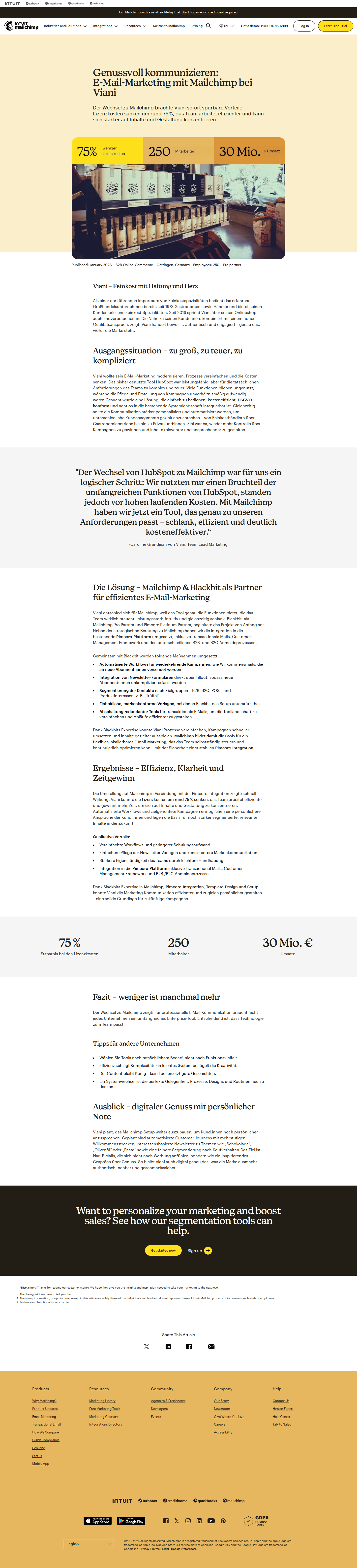 Screenshot of Mailchimp x Viani, 75% cost cut by ditching HubSpot