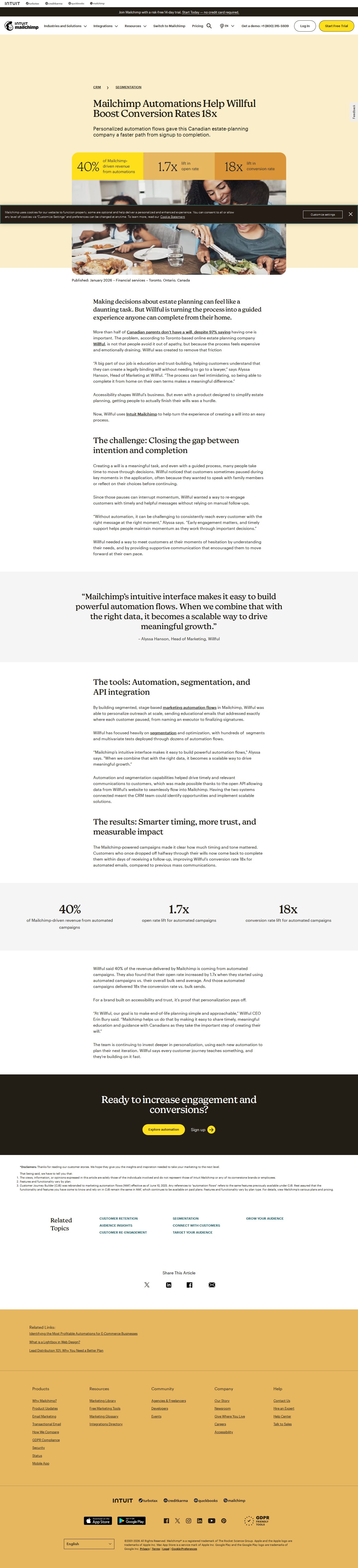 Screenshot of Mailchimp x Willful, 18x conversion lift through stage-based automation