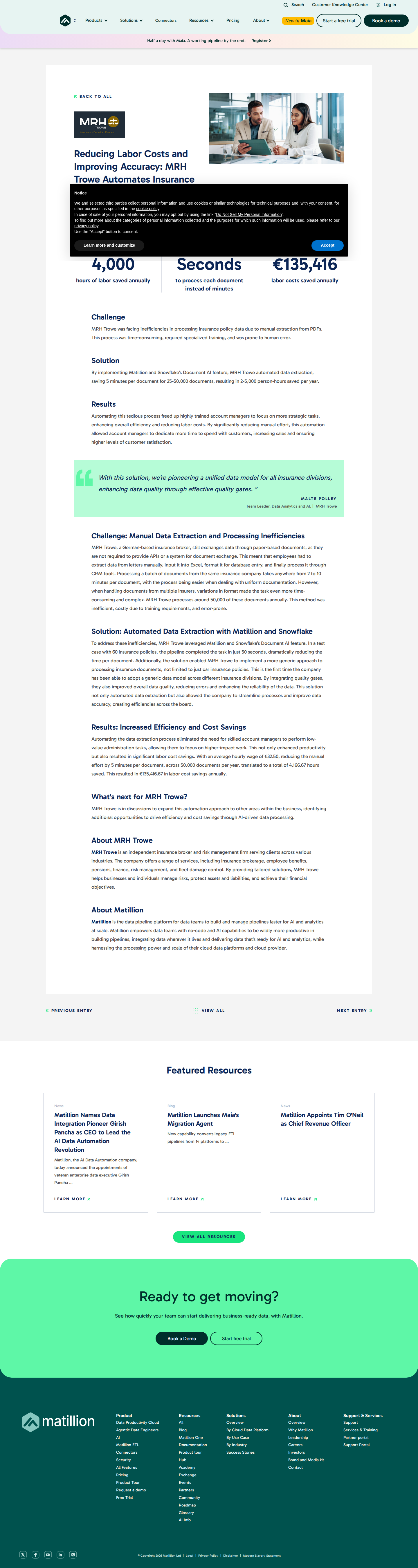 Screenshot of Matillion x MRH Trowe, 4,000 hours saved on insurance document processing