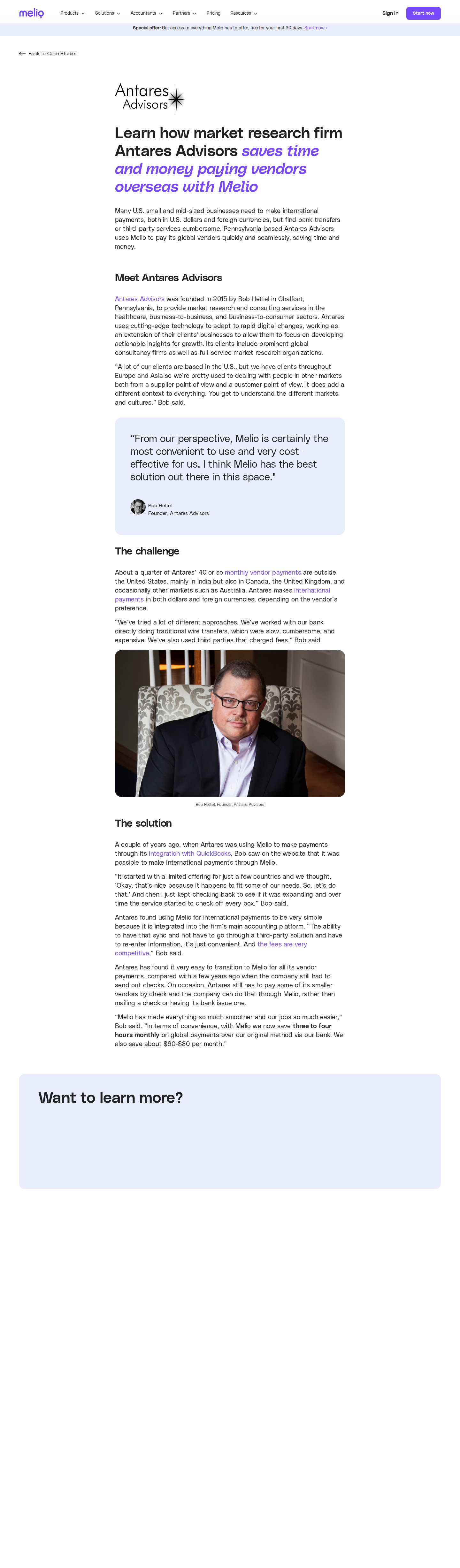 Screenshot of Melio x Antares Advisors, cutting international payment friction for a small research firm