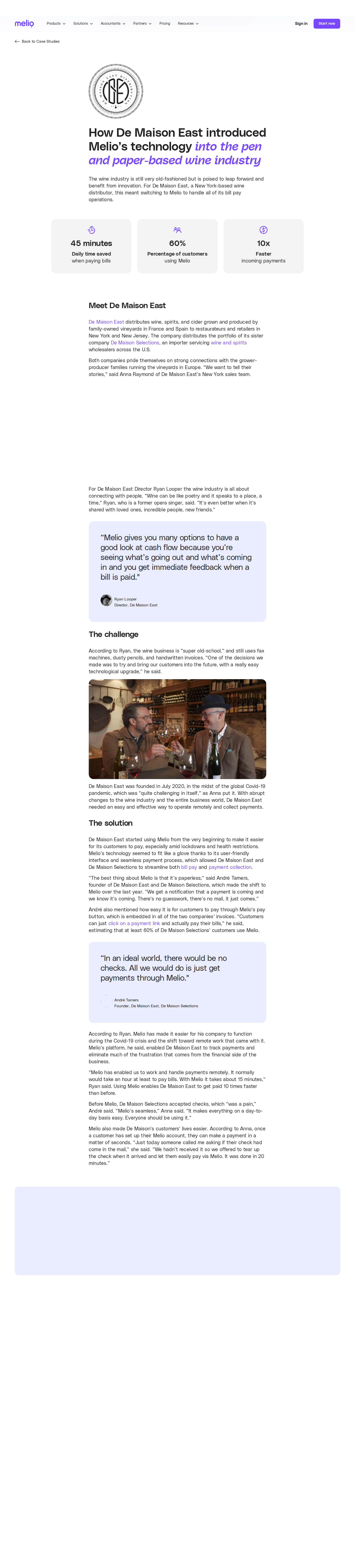 Screenshot of Melio x De Maison East, digitizing payments in an old-school wine industry