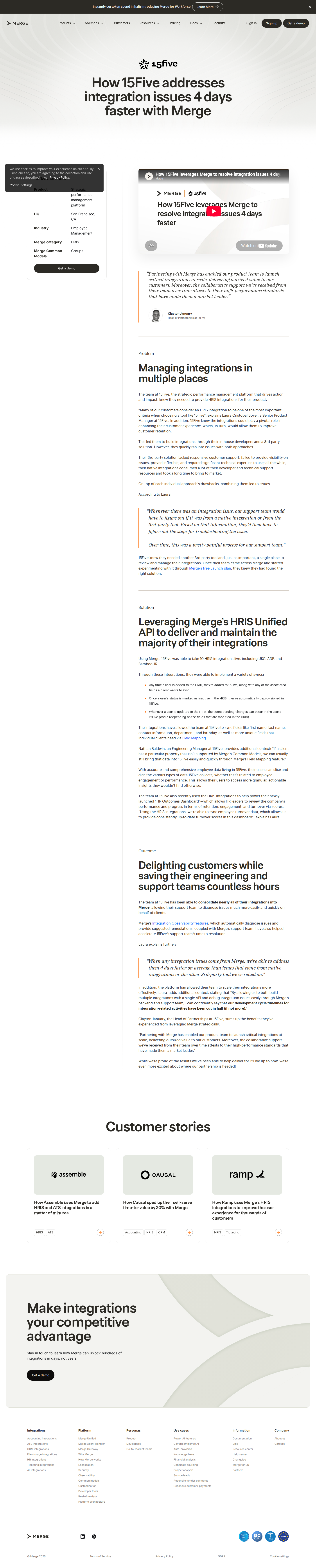 Screenshot of Merge x 15Five, resolving integration issues 4 days faster