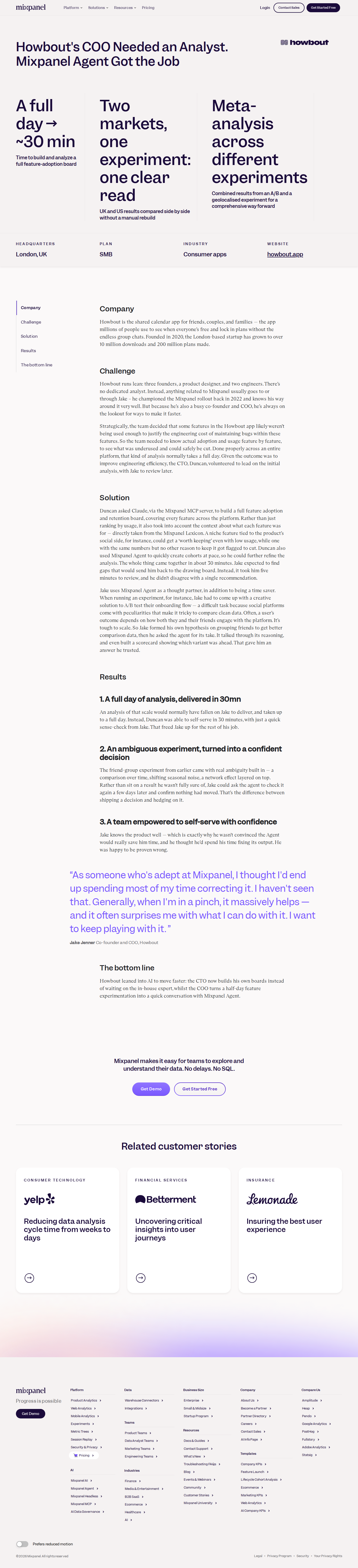 Screenshot of Mixpanel x Howbout, Full-day analysis in 30 minutes with no analyst on staff