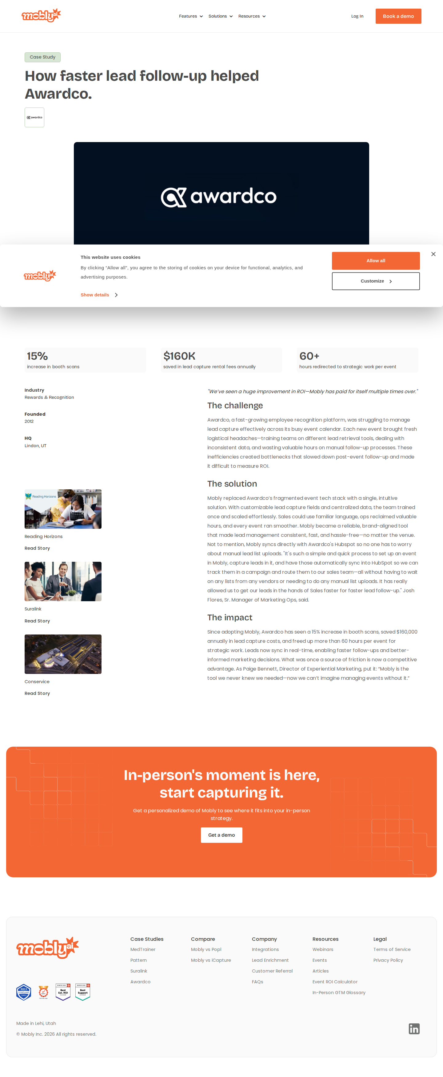 Screenshot of Mobly x Awardco, $160K saved and 60+ hours freed per event