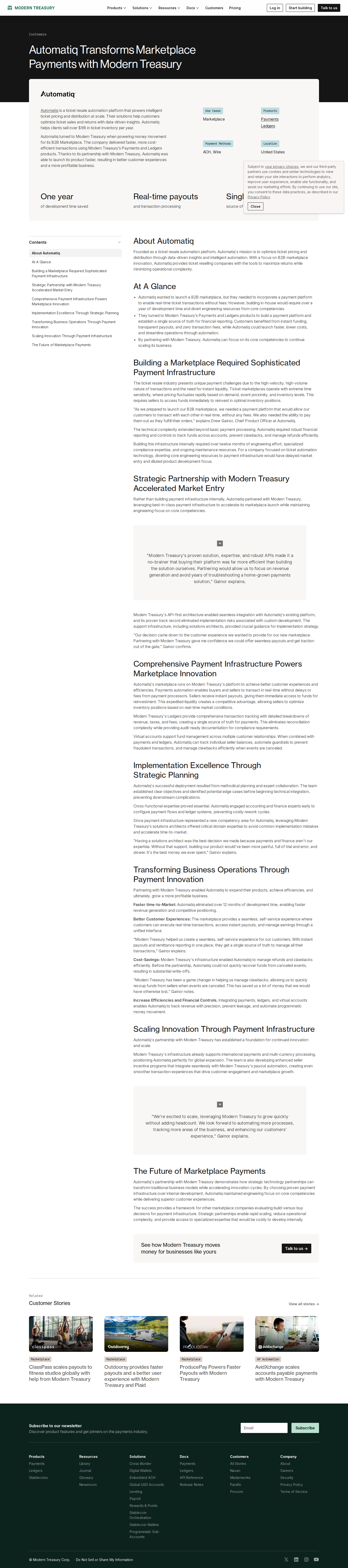 Screenshot of Modern Treasury x Automatiq, launching a marketplace in months not years