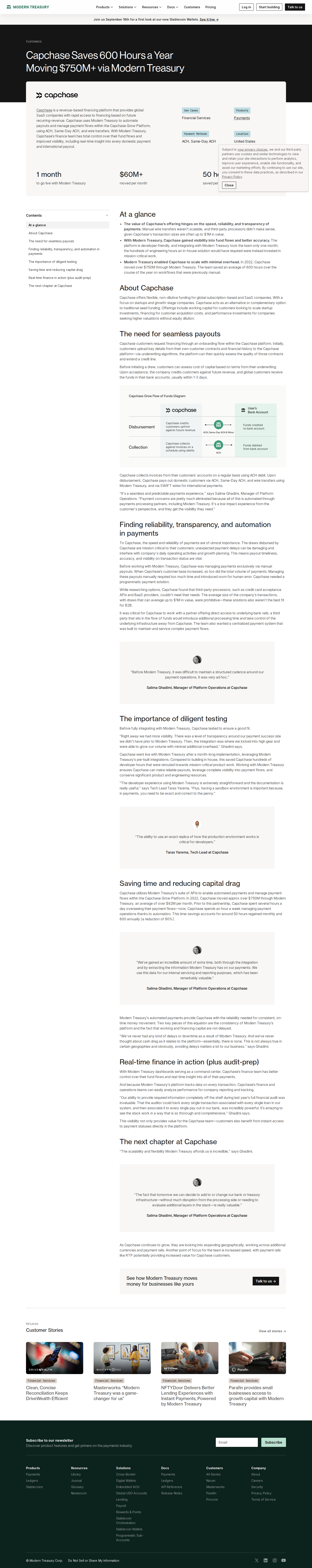 Screenshot of Modern Treasury x Capchase, 600 hours saved automating $750M in payments