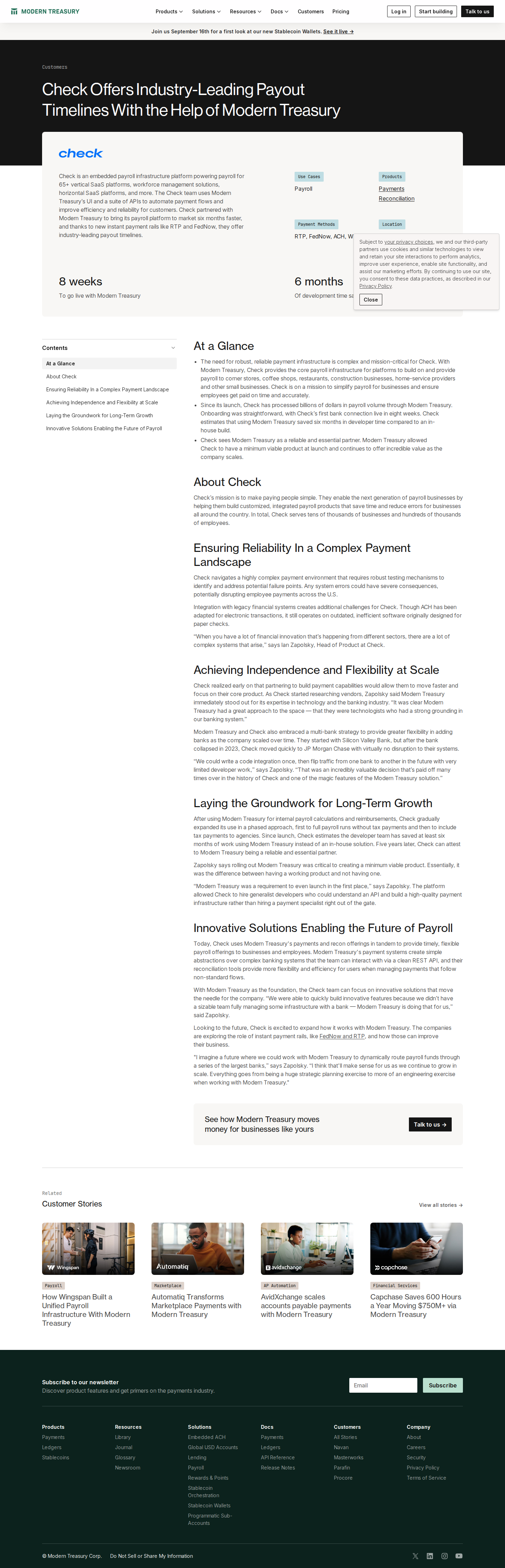 Screenshot of Modern Treasury x Check, payment infrastructure that made launch possible