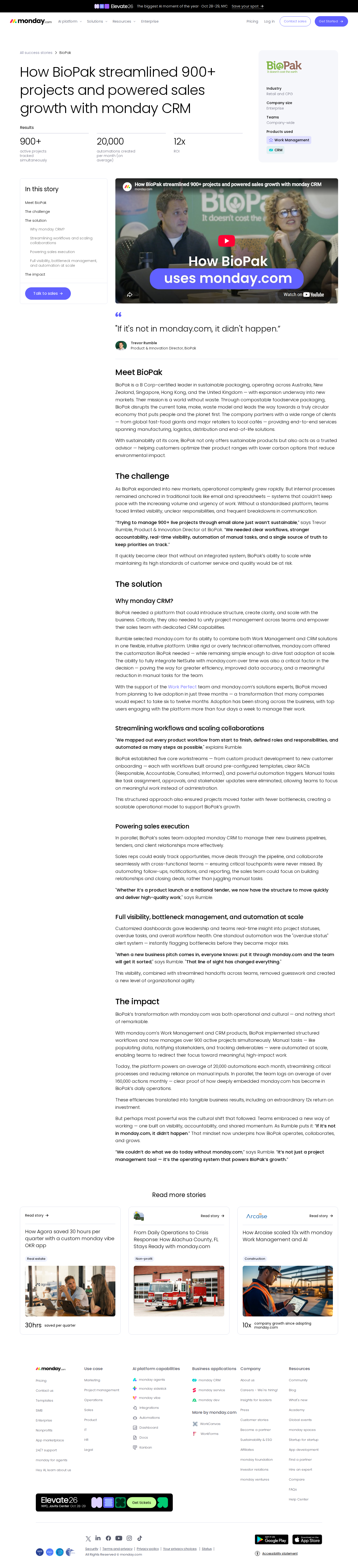 Full screenshot of monday.com x BioPak, 12x ROI from replacing email chaos with one operating system