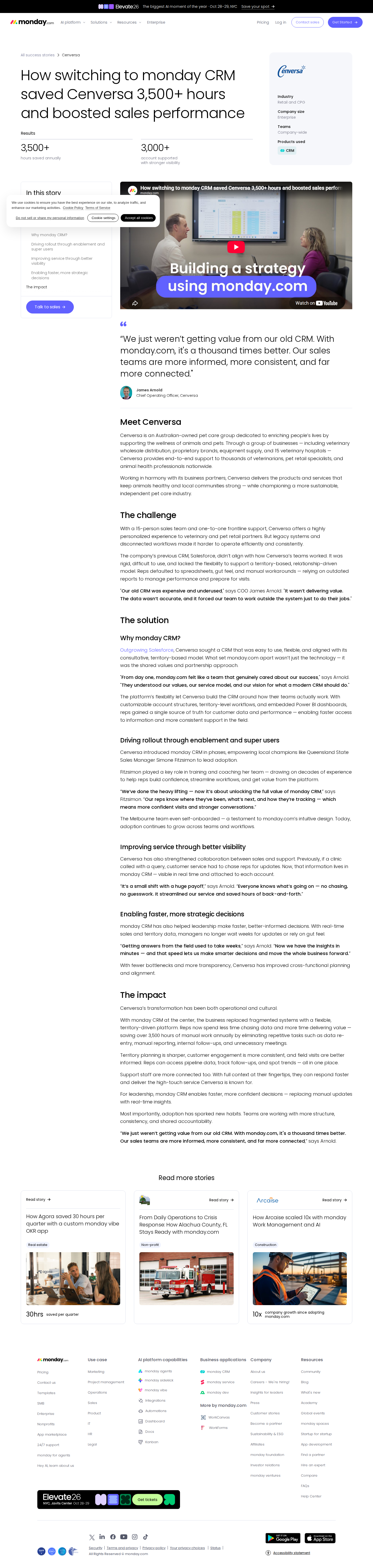 Full screenshot of monday.com x Cenversa, 3,500 hours saved after ditching Salesforce