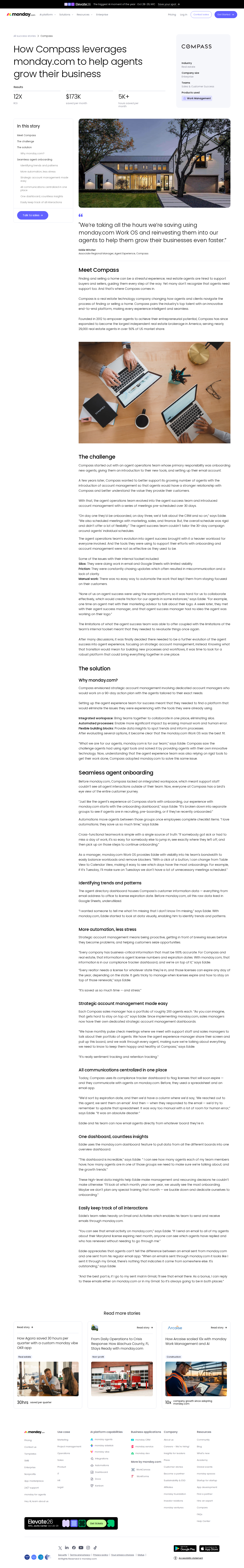 Full screenshot of monday.com x Compass, saving $173K/month by unifying agent success operations
