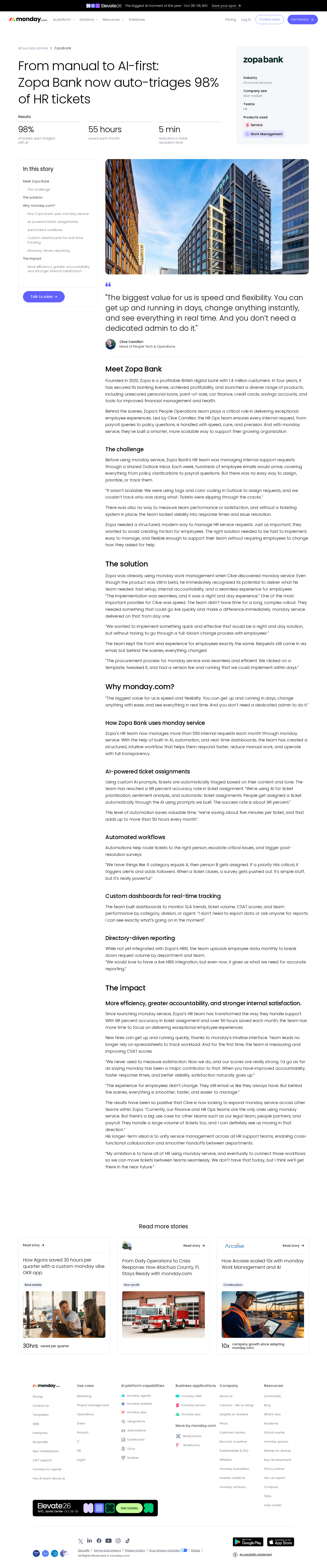 Screenshot of monday.com x Zopa Bank, from Outlook chaos to AI-triaged HR ticketing