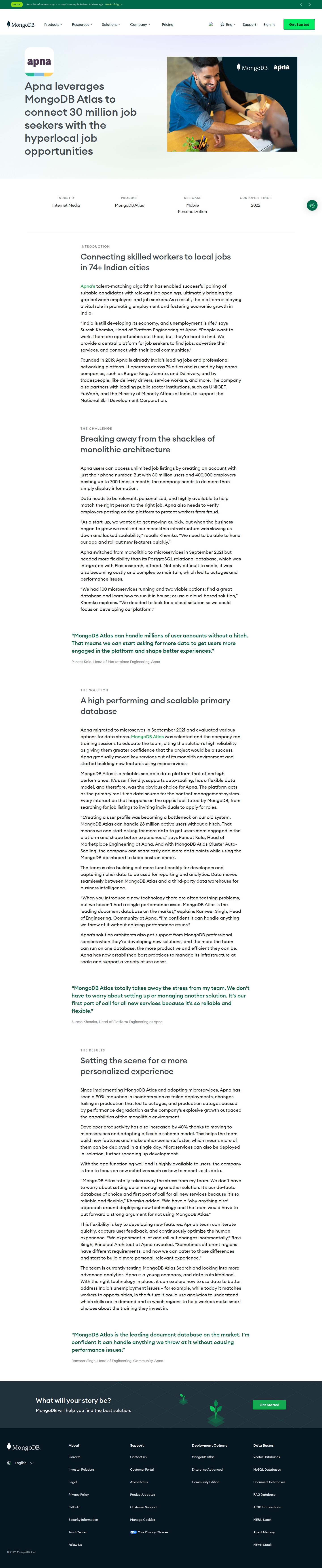 Screenshot of MongoDB x Apna, unblocking a monolith to serve 30 million job seekers
