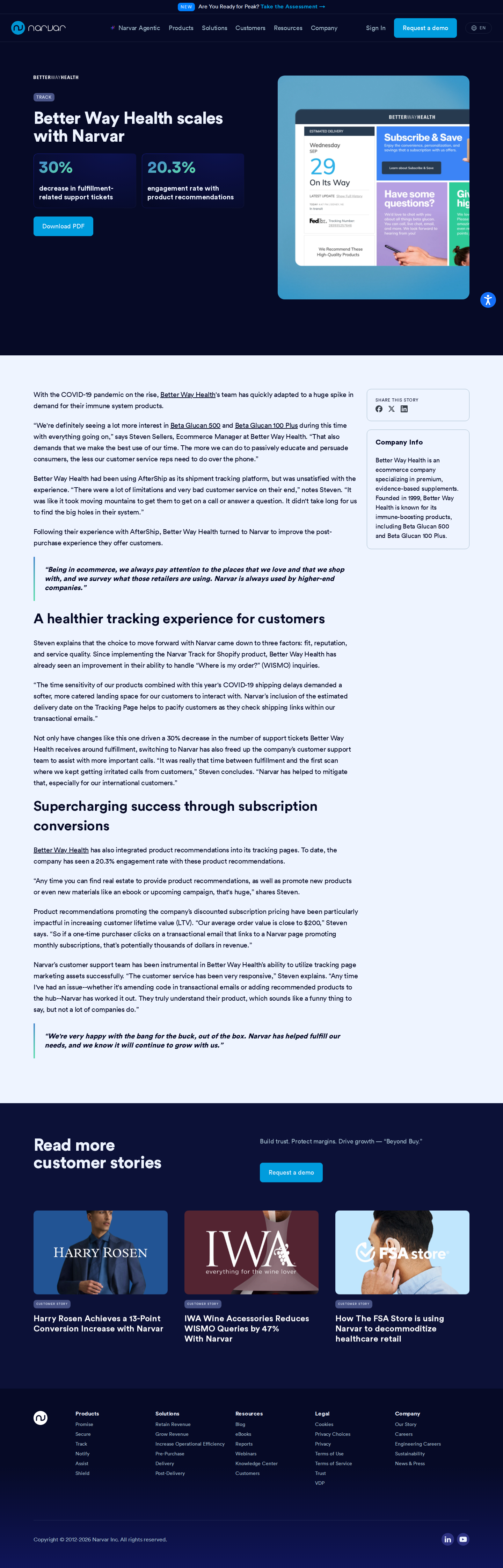Screenshot of Narvar x Better Way Health, switching from AfterShip cuts support tickets 30%