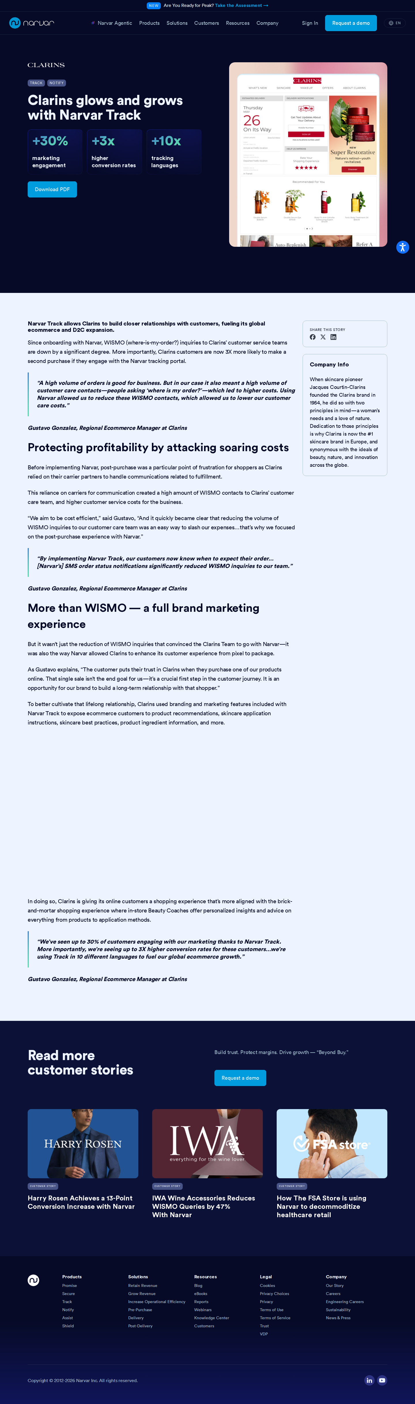 Screenshot of Narvar x Clarins, post-purchase tracking turns cost sink into conversion engine