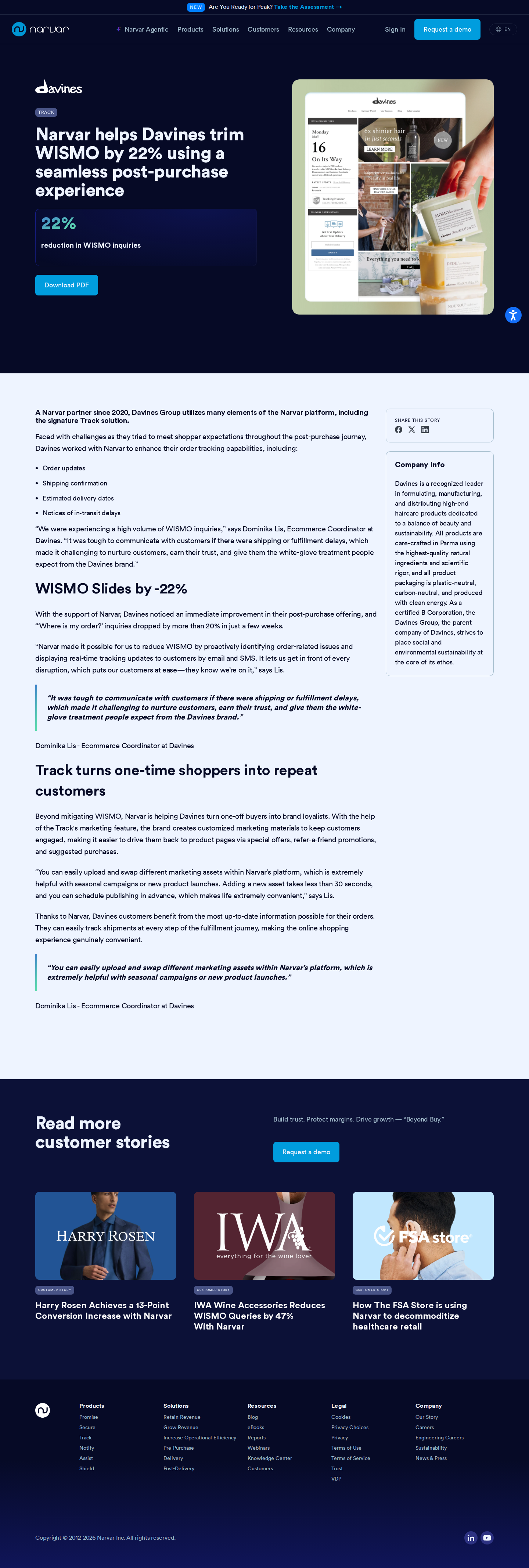 Screenshot of Narvar x Davines, 22% fewer WISMO inquiries through proactive tracking