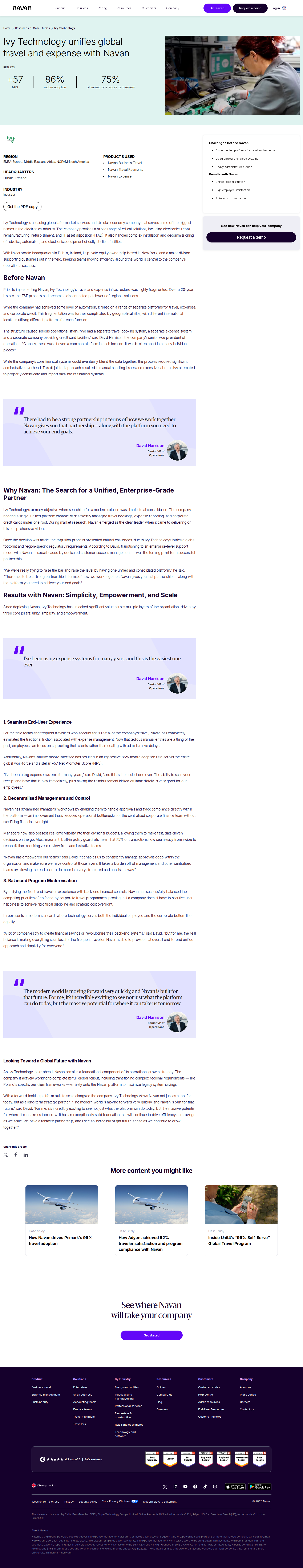 Screenshot of Navan x Ivy Technology, one platform replaces a global T&E patchwork