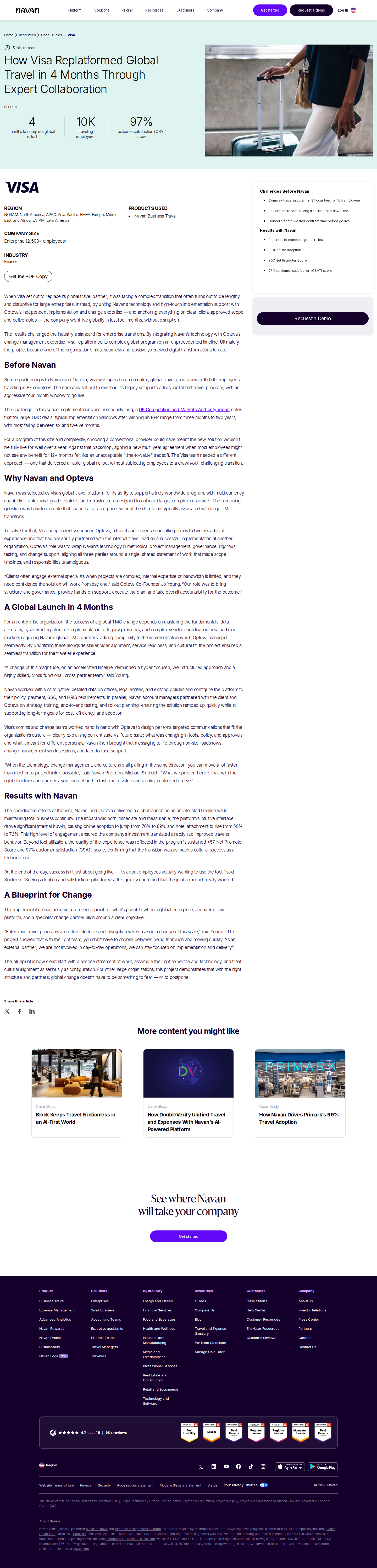 Full screenshot of Navan x Visa, global travel replatform in 4 months without disruption