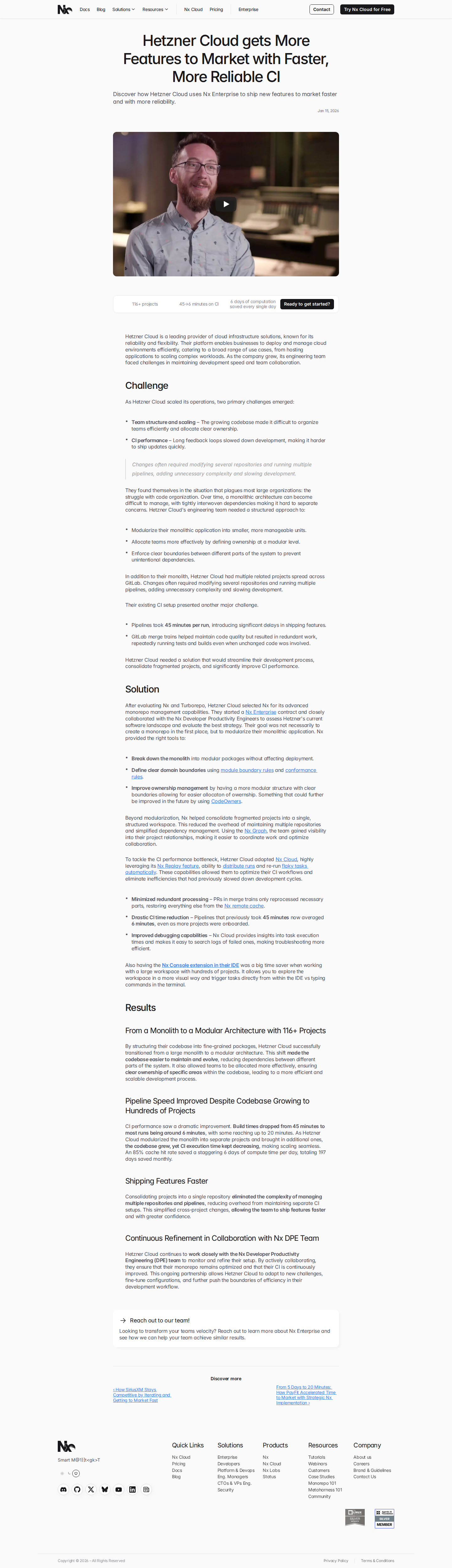 Screenshot of Nx x Hetzner Cloud, 45-minute CI pipelines cut to 6