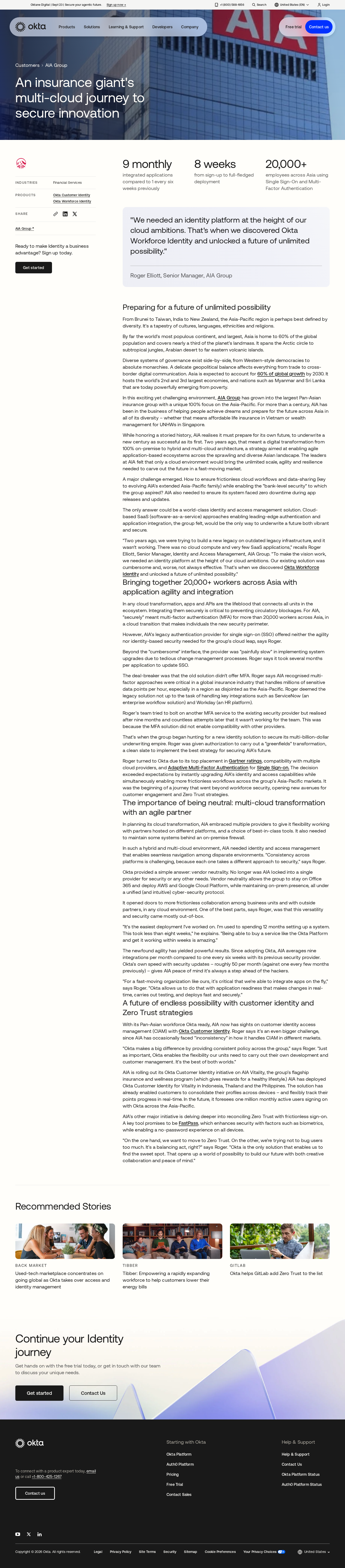 Screenshot of Okta x AIA Group, from zero MFA to multi-cloud identity across Asia