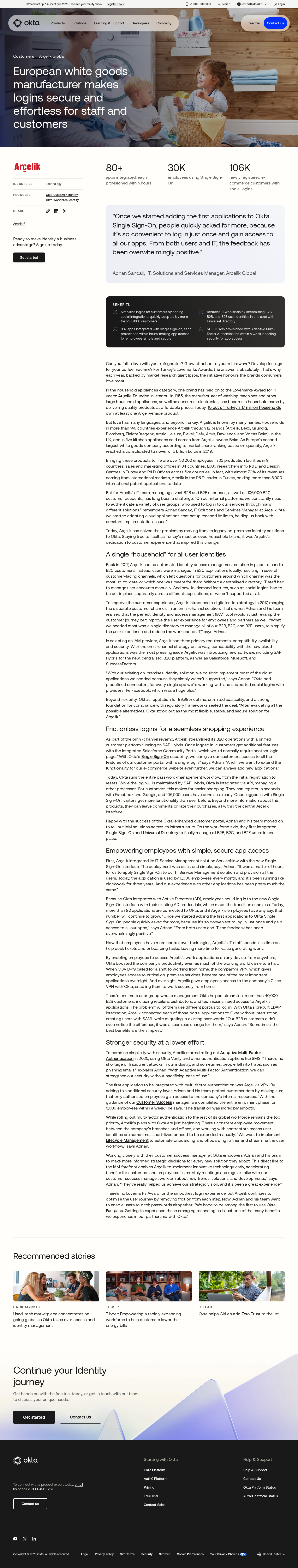 Full screenshot of Okta x Arçelik Global, one identity layer for 30K staff and 106K customers