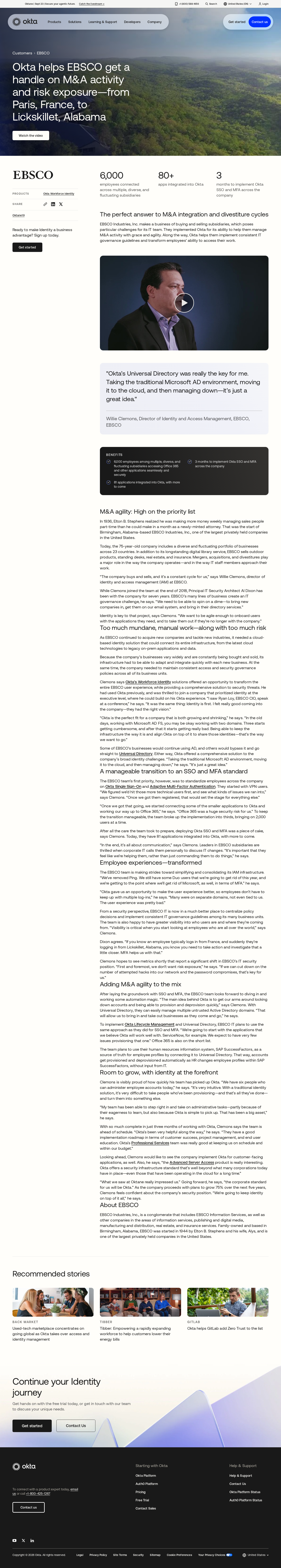 Screenshot of Okta x EBSCO Industries, M&A identity at scale