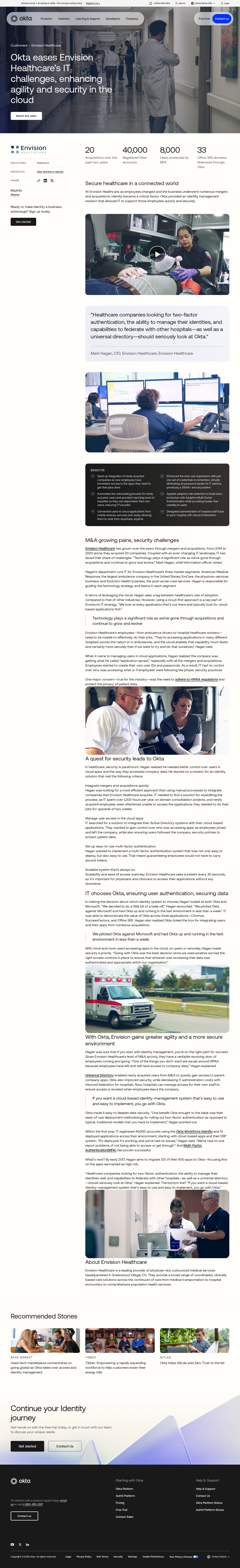 Full screenshot of Okta x Envision Healthcare, identity management across 20 acquisitions