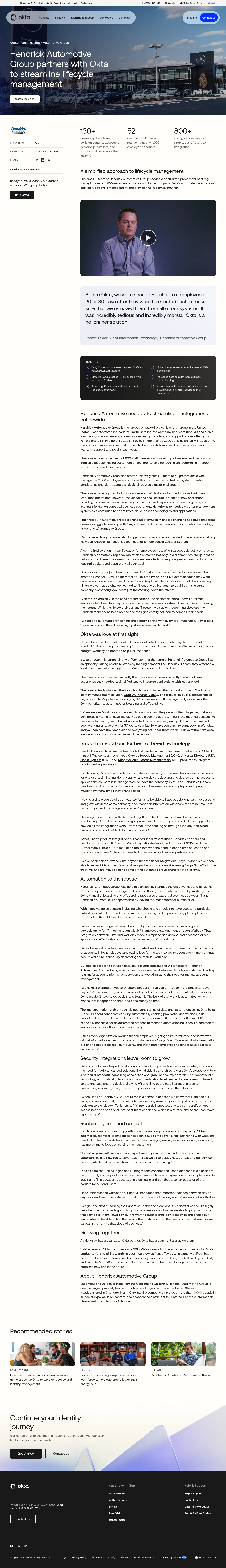 Full screenshot of Okta x Hendrick Automotive Group, 11,000 accounts managed in under five minutes