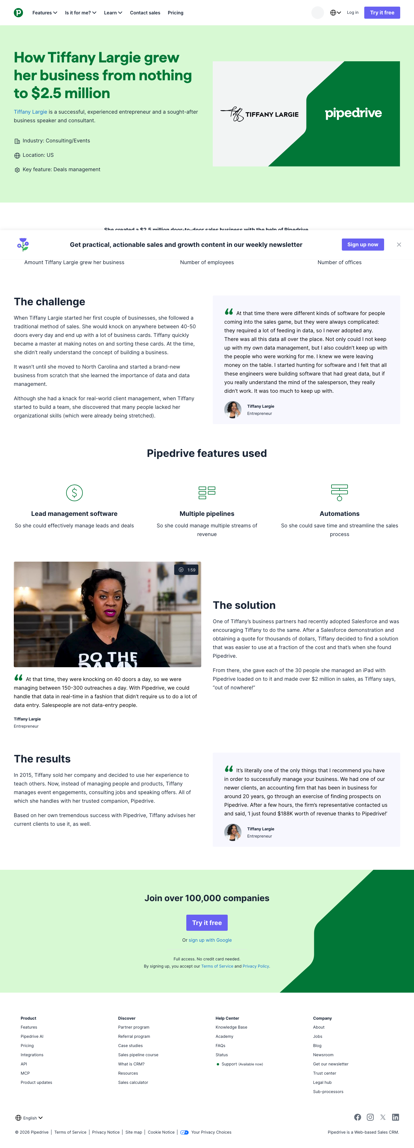 Screenshot of Pipedrive × Tiffany Largie — $0 to $2.5M solo