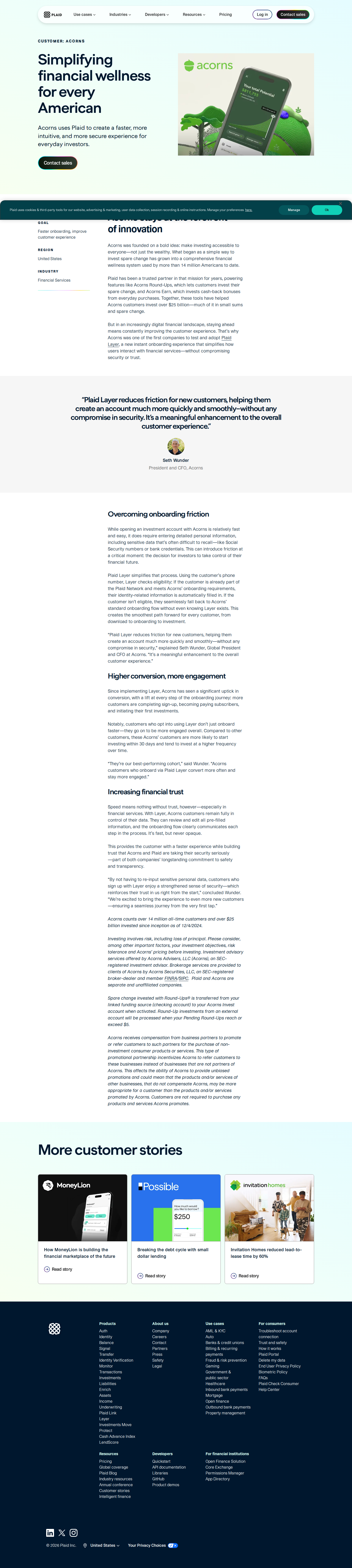 Screenshot of Plaid x Acorns, friction-free onboarding unlocks a higher-converting cohort