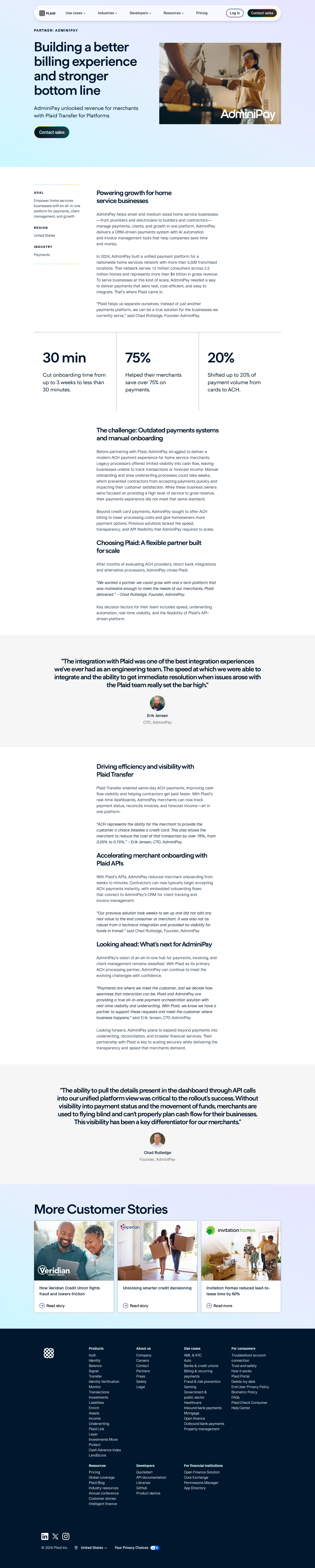 Full screenshot of Plaid x AdminiPay, from weeks of onboarding to 30 minutes and 75% cost savings