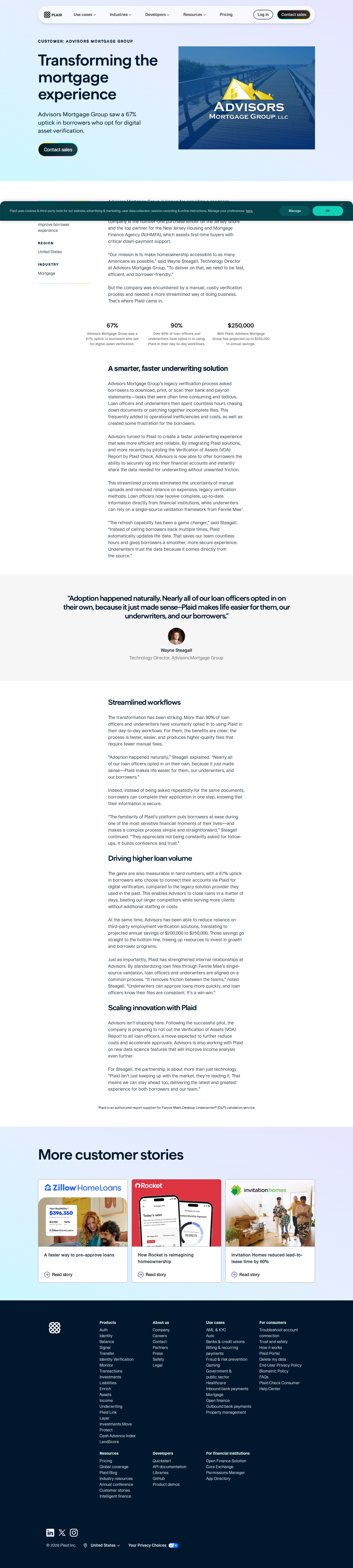 Full screenshot of Plaid x Advisors Mortgage Group, cutting mortgage verification costs while closing loans faster