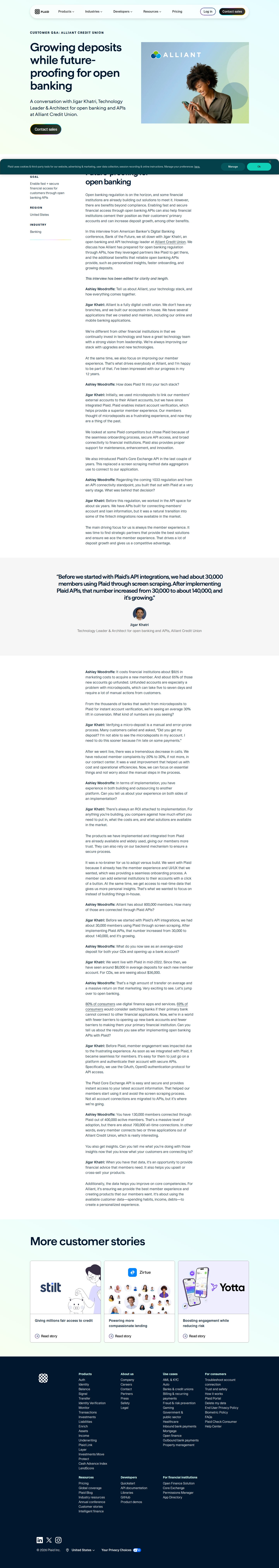 Full screenshot of Plaid x Alliant Credit Union, from 30K to 140K connected members through open banking APIs