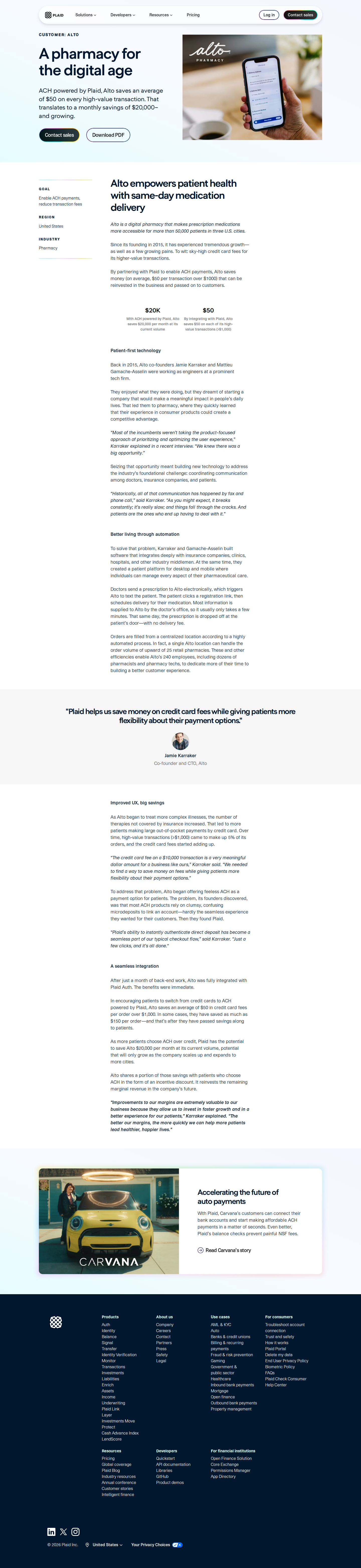 Full screenshot of Plaid x Alto, $20K a month in saved transaction fees