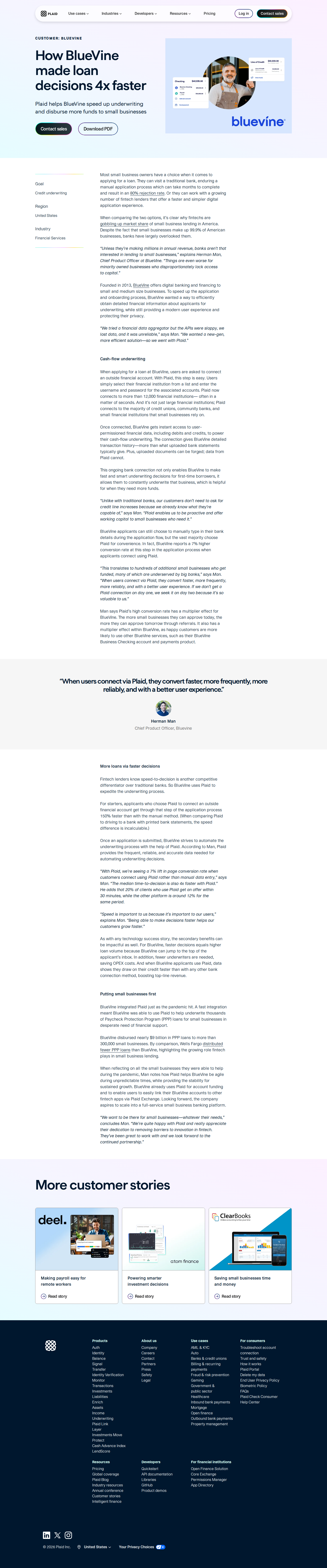 Screenshot of Plaid x BlueVine, 4x faster loan decisions for small businesses