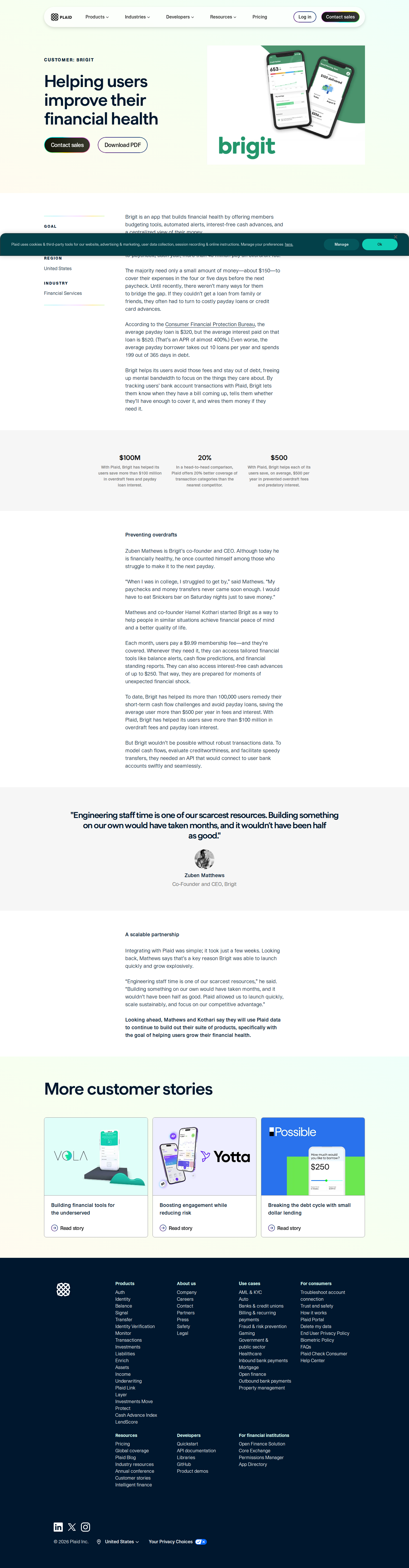 Screenshot of Plaid x Brigit, $100M saved in overdraft and predatory loan fees