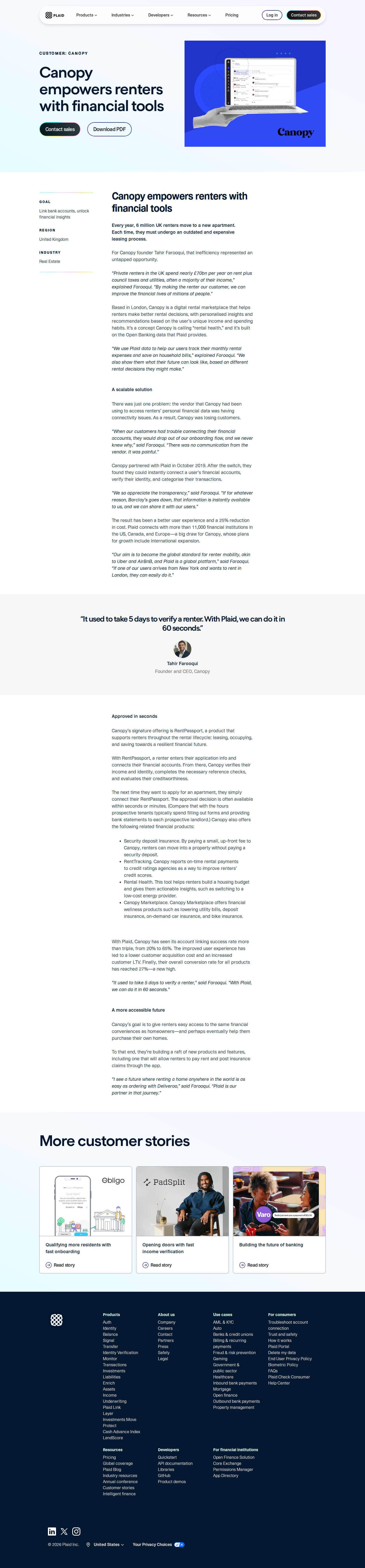 Screenshot of Plaid x Canopy, from 5 days to 60 seconds for renter verification