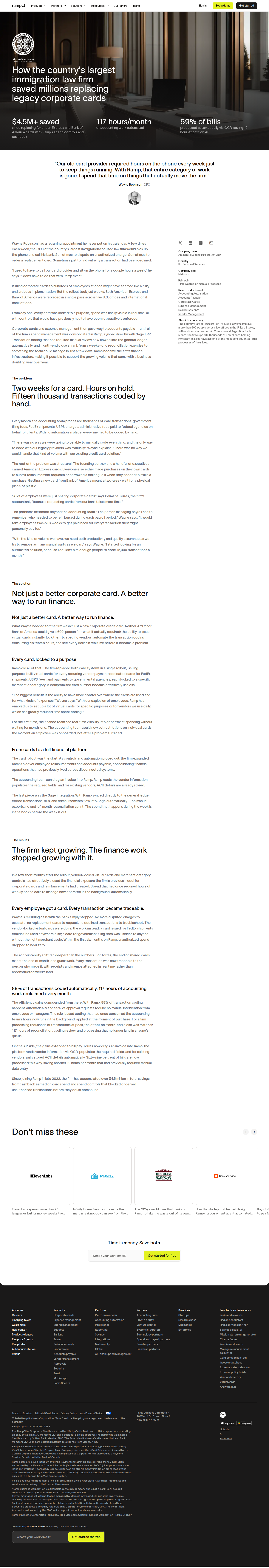 Screenshot of Ramp x Alexandra Lozano Immigration Law, $4.5M saved replacing AmEx and BofA