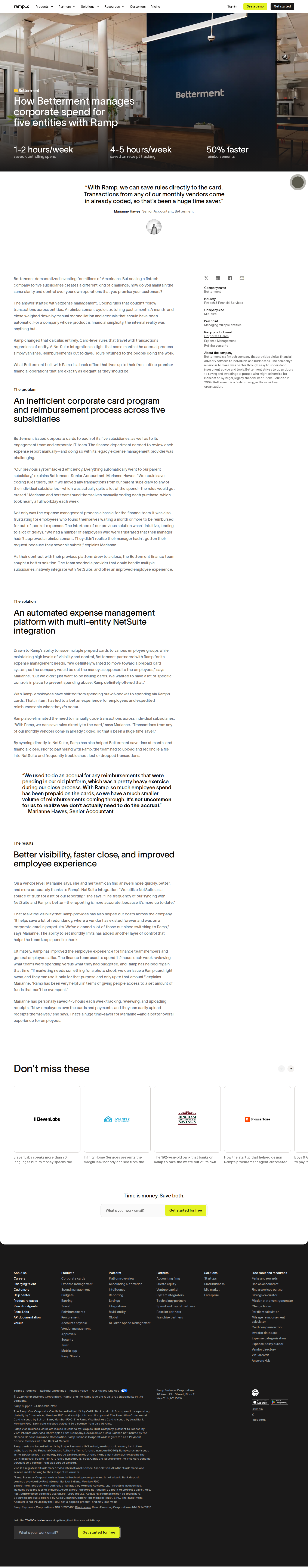 Screenshot of Ramp x Betterment: hours back from a broken multi-entity expense process