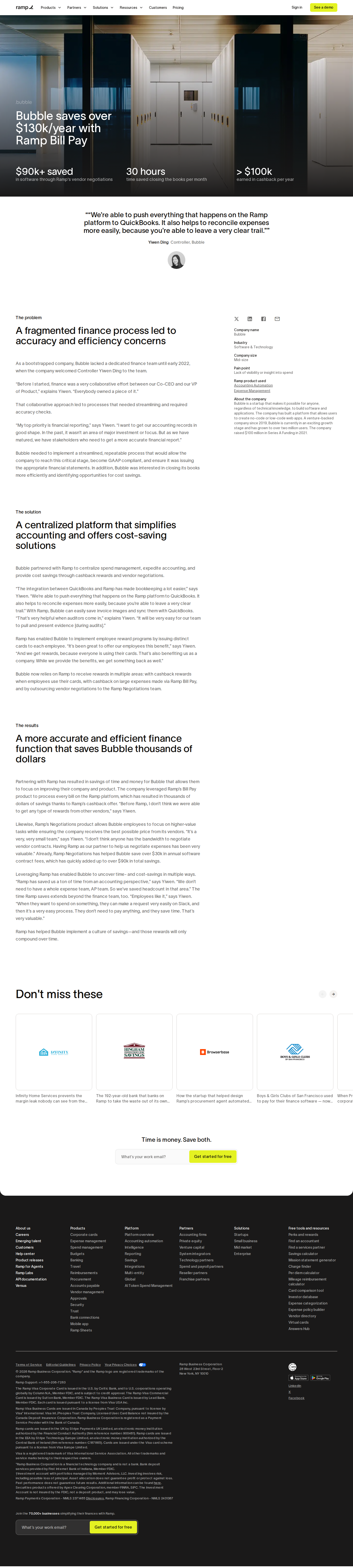 Full screenshot of Ramp x Bubble, $130k saved and 30 hours recovered monthly