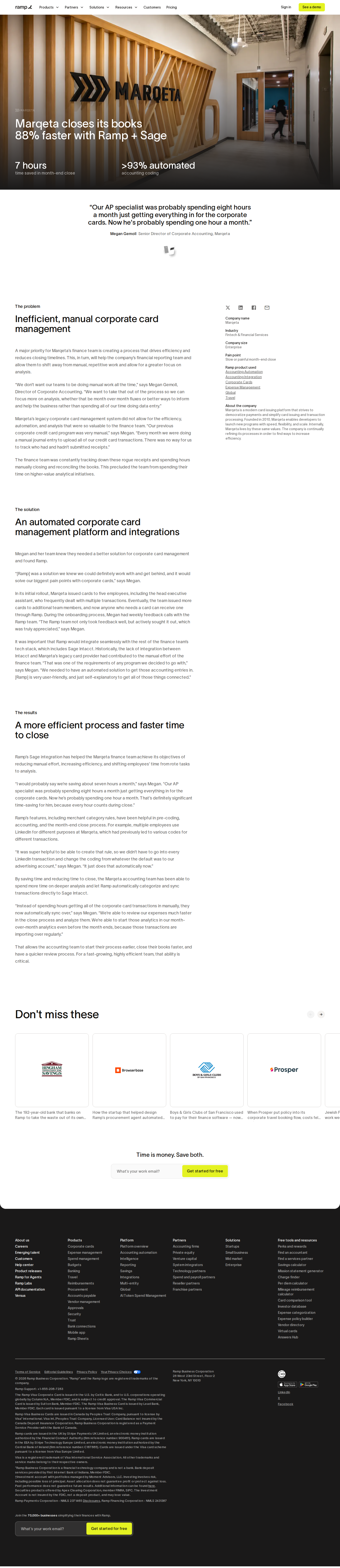 Full screenshot of Ramp x Marqeta, 88% faster month-end close through card automation