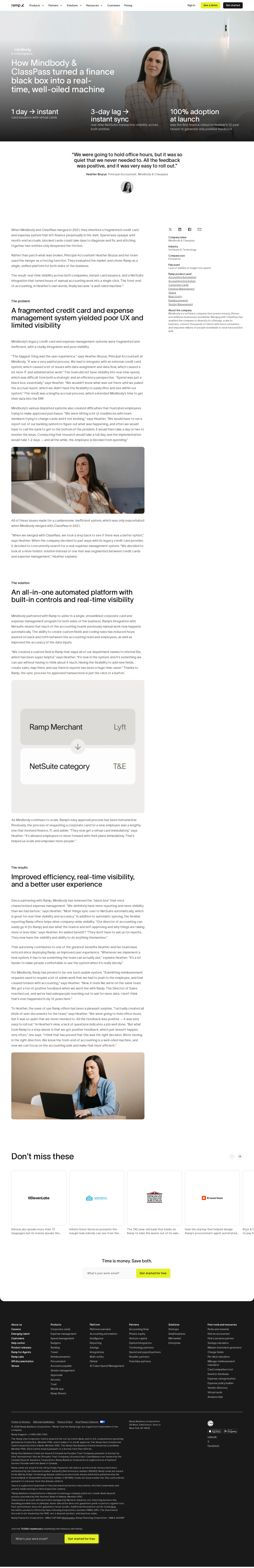 Screenshot of Ramp x Mindbody & ClassPass, from spend black box to real-time machine