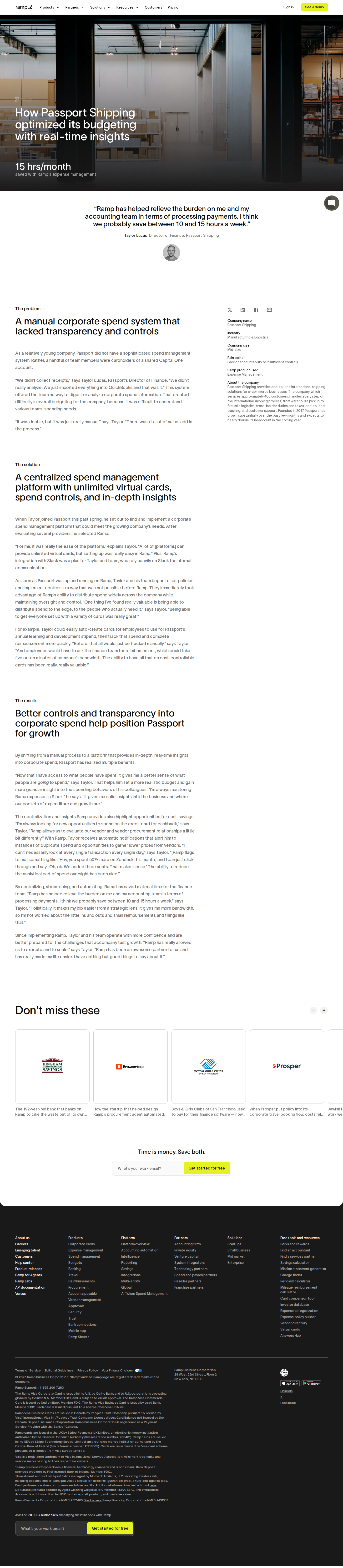 Full screenshot of Ramp x Passport Shipping, from shared card chaos to controlled spend
