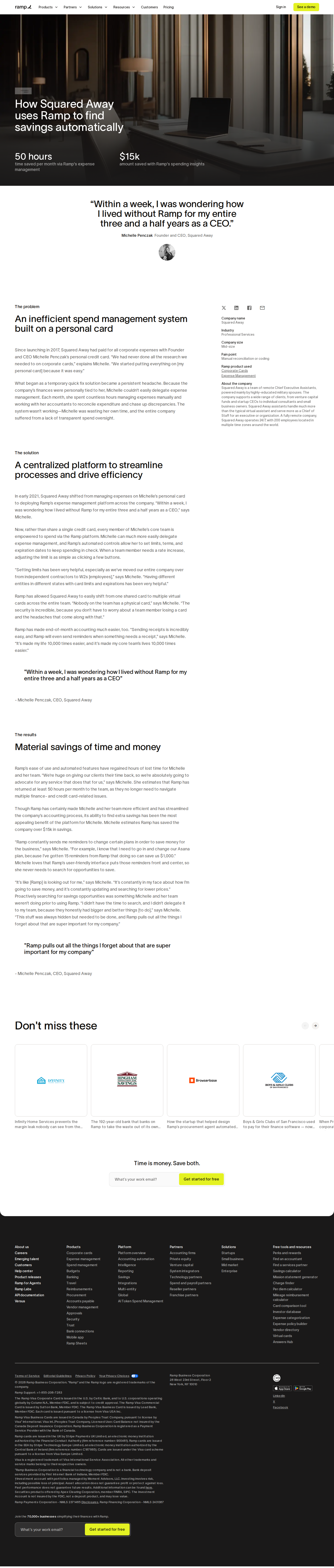 Full screenshot of Ramp x Squared Away: 50 hours a month back from manual expense chaos
